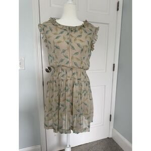 Floral Ruffle short Sleeve beige green Chiffon Mini Dress M